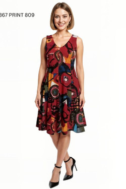 Front of the Red Multi Print Fit N Flare Dress style A367-809 from Creation
