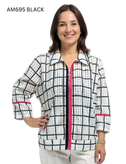 Front of the Grid Print Zip Jacket style 30476 from Creation in the colors black and white