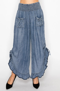 Front of the Smocked Ruffle Hem Side Tie Chambray Pants style 4932 from Origami in the color denim
