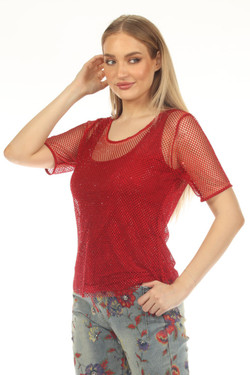 Front of the Bling Mesh 2-Piece Top style Z12863 from AZI Jeans in the color red