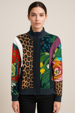 Front of the Boho Print Mock Neck Zip Jacket style J12872 from Eva Varro in the boho combo print