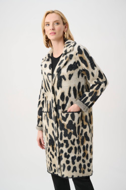 Front of the Feather Yarn Leopard Print Coat style 263956 from Joseph Ribkoff in the camel/multi color