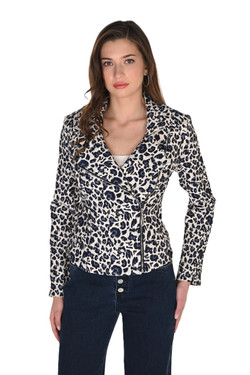 Front of the Animal Print Moto Jacket style 263230 from Frank Lyman in the colors navy and cream