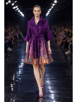 Front of the Stretch Duppioni Double Collar Sequin Bubble Dress style F26044 from Samuel Dong in the color violet