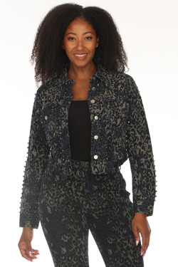 Front of the Animal Print Rhinestone Cropped Jacket style Z13524 from AZI Jeans in the color blue