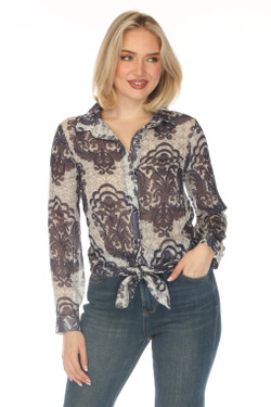 Front of the Blingy Front Tie Paisley Top style Z13513 from AZI Jeans in the navy/multi print