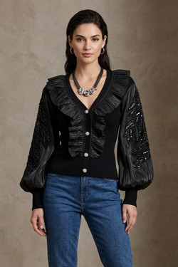 Front of the Sequin Sheer Sleeve Ruffle Top style Z13600 from AZI Jeans in the color black