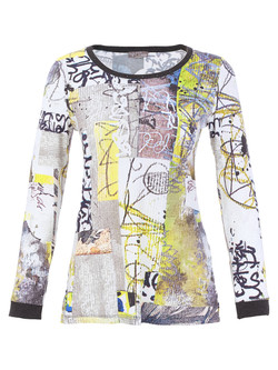 Front of the Fragments Print Scoop Neck Top style 76720 from Dolcezza in the colors lime and black