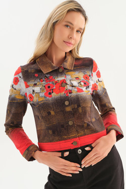 Front of the Ramo de Nubes Rojas Floral Print Jean Jacket style 76637 from Dolcezza in the colors red and black