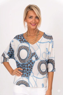 Front of the Rosace Print Batwing Sweater style 0544 from Look Mode in the color blue