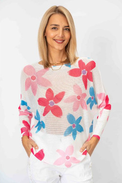 Front of the Margerit Flower Print Sweater style 2110 from Look Mode in the color fuchsia