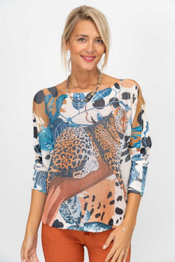 Front of the Jungle Leopard Print Batwing Sweater style 9057 from Look Mode in the color blue