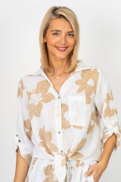 Front of the Gold Flower Print Tie front Shirt style 28597GF from Look Mode in the color white