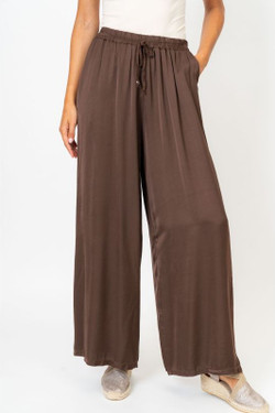 Front of the Solid Satin Pants style 84631 from Look Mode in the color brown