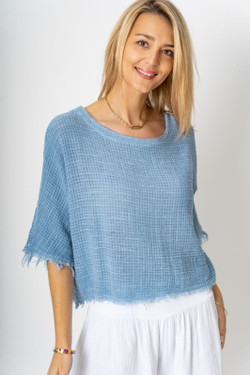Front of the Cotton & Linen Mix Crop Top style 737202 from Look Mode in the color blue