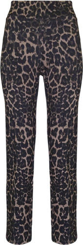 Front of the Printed Pull On Straight Scuba Pants style BCP8909B28PR from Insight in the black/taupe cheetah print