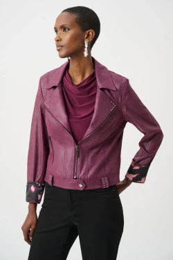 Front of the Foiled Faux Suede Fitted Jacket style 263907 from Joseph Ribkoff in the color elderberry