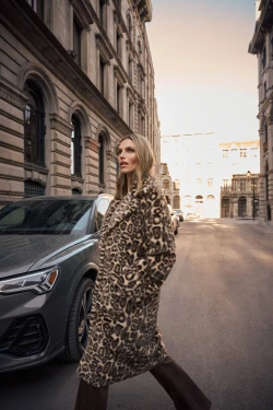 Front of the Faux Fur Leopard Print Straight Coat style 263919 from Joseph Ribkoff in the beige/multi print