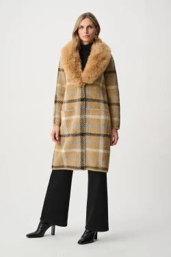 Front of the Feather Yarn Plaid Coat With Detachable Faux Fur Collar style 263954 from Joseph Ribkoff in the camel / multi print