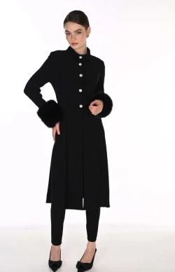 Front of the Tailored Long Jacket with Detachable Fur Sleeve Cuffs style 269049 from Frank Lyman in the color black