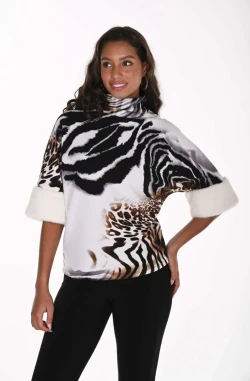 Front of the Animal Print Sweater Top With Faux Fur Sleeve Cuffs style 264201 from Frank Lyman in the colors ivory and mocha