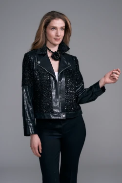 Front of the Faux Vegan Leather Sequin Moto Jacket style BCJ101C06 from Insight in the color black