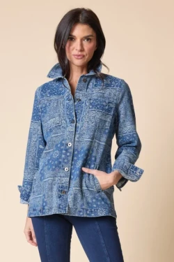 Front of the Paisley Jacquard Boyfriend Jacket style 51515 from Habitat in the color indigo