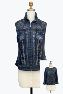 Front of the Denim Jacket Print Vest Twin Set style 31457 from Damee in the blue/denim print