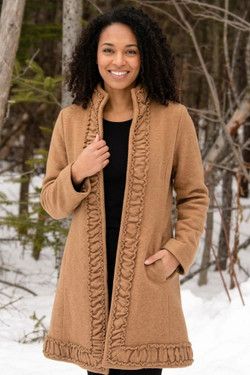 Front of the Long Ruffle Coat style 379-4720 from Pure Essence in the color camel