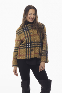 Front of the Plaid Sherpa Cropped Coat style 703-7116 from Pure Essence in the multi print