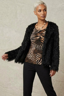 Front of the Fuzzy Sequins Jacket style 27-7116 from Pure Essence in the color black