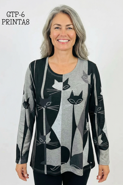 Front of the Black Cat Long Sleeve Top style GTP-6-A8 from Creation in the color black and grey