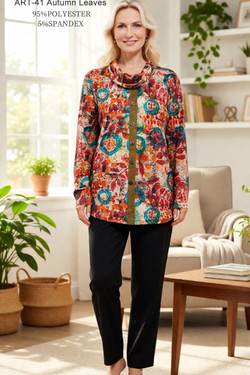 Front of the Autumn Leaves Cowl Neck Top style ART-41 in the orange multi print
