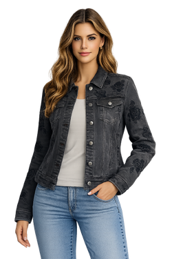 Front of the Floral Print Jean Jacket style 262299 from Orly in the color black
