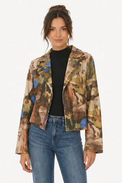 Front of the Camo Faux Suede Moto Jacket style T7047-7024 from Tango Mango in the multi print