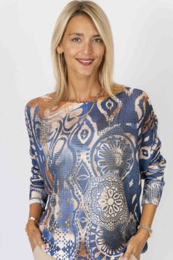 Front of the Abstract Detailed Print Batwing Sweater style 0920 from Look Mode in the color navy