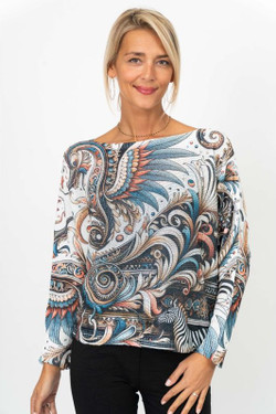 Front of the Paisley & Animal Print Batwing Sweater style 9018 from Look Mode in the color blue