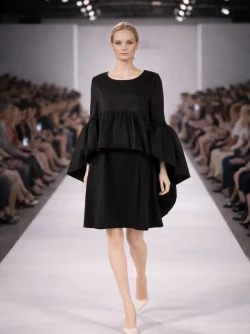 Front of the Shawl Overlay Architectural Shift Dress style F26003 from Samuel Dong in the color black
