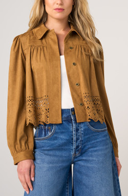 Front of the Puff Sleeve Laser Cut-Out Hem Jacket style LM1D04TL96 from Liverpool in the color caramel