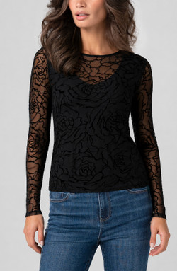Front of the Rose Print Long Sleeve Layered Top style LM8L80KB49 from Liverpool Jeans in the color black