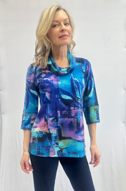 Front of the Blue Floral Print Cowl Neck Top style 102379 from Soft Works in the multi print