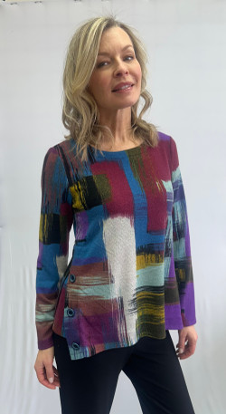 Front of the Side Button Long Sleeve Top style 102371 from Soft Works in the multi print