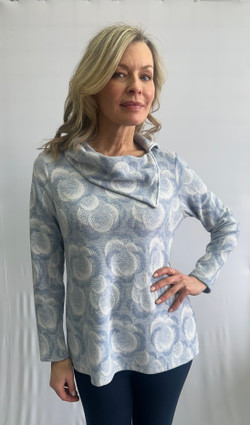 Front of the Light Blue Split Cowl Neck Top style 102928 from Soft Works in the colors blue and white