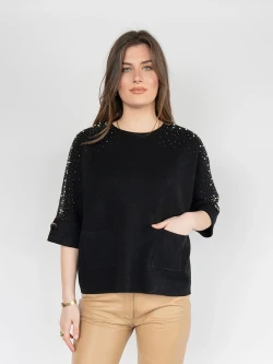 Front of the Rhinestones and Pearls Sweater style GN320-2302 from Nikky Apparels in the color black
