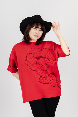 Front of the Beaded Flower Short Sleeve Sweater style 262764 from Funsport in the colors red and black