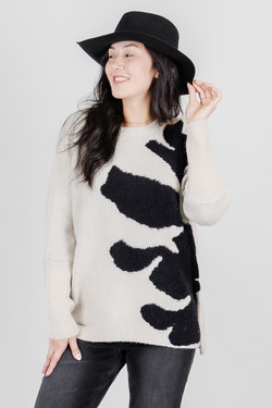 Front of the Fuzzy Contrast Flower Sweater style 262103 from Funsport in the colors taupe and black