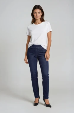 Front of the Straight Slim Pull-On Jeans style PP-004-NSM from Carreli Jeans in the color dark rinse