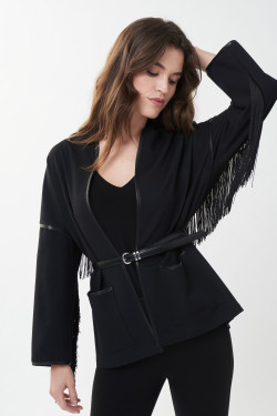 Model showing the front of the Belted Fringe Jacket from Joseph Ribkoff in the color black