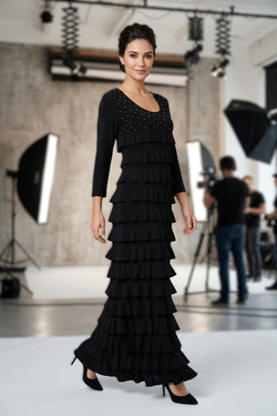 Front of the Maxi Rhinestone Cha-Cha Dress style DR760LMSW-99ITY from Tango Mango in the color black