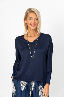 Front of the Satin Blouson Sleeve Top style 506202 from Look Mode in the color navy